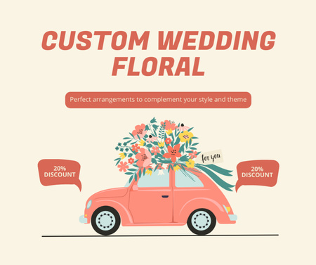 Designvorlage Werbung für Hochzeitsblumendekoration mit niedlichem Retro-Auto für Facebook