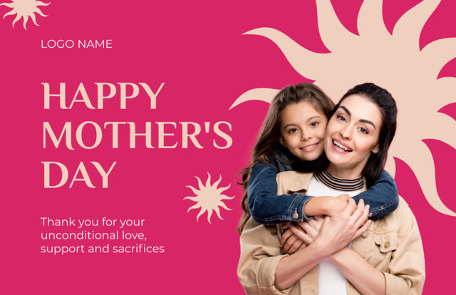Mother's Day Greeting with Smiling Mother and Daughter on Pink Thank You Card 5.5x8.5in – шаблон для дизайна
