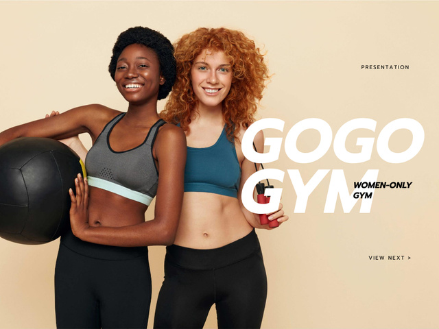 Gym for Women Ad with Smiling Athlete Girls Presentation Design Template