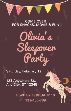 Platilla de diseño Announcement of Sleepover Party with Unicorn Invitation 4.6x7.2in