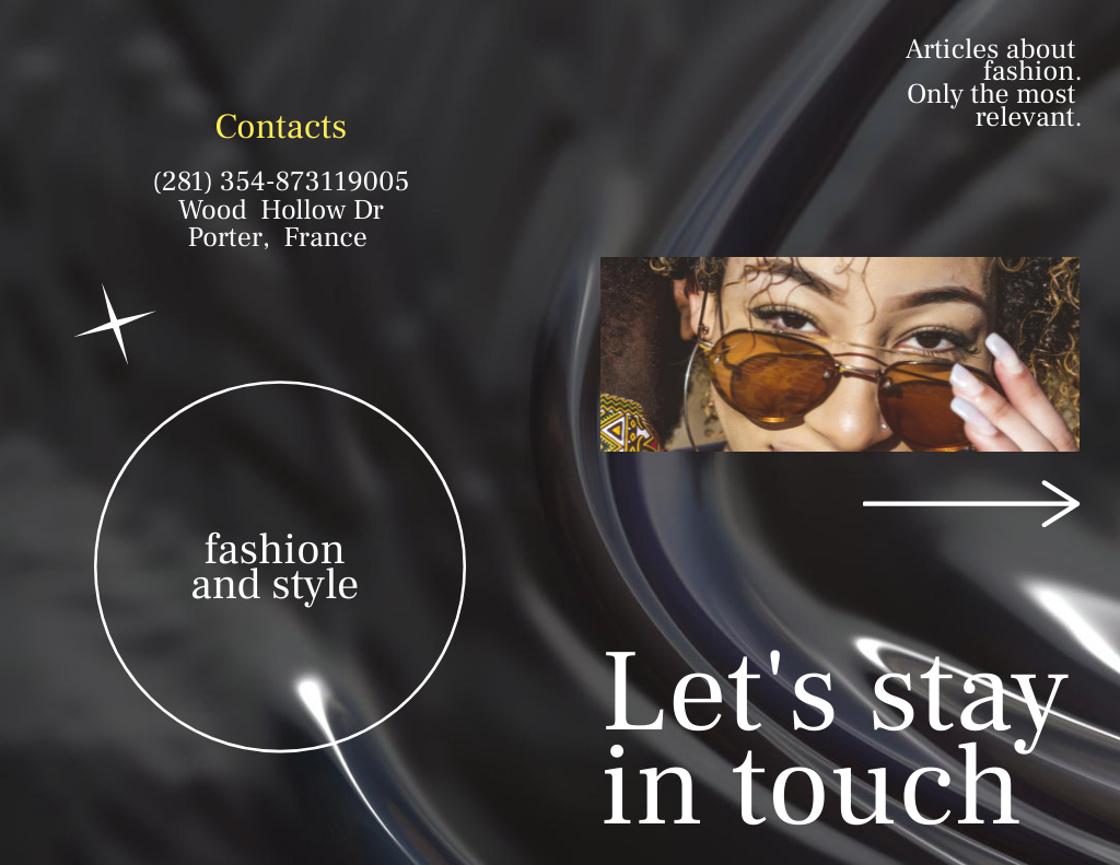 Young Woman in Stylish Sunglasses on Black Brochure 8.5x11in Bi-fold – шаблон для дизайна