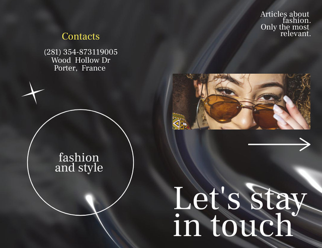 Young Woman in Stylish Sunglasses on Black Brochure 8.5x11in Bi-fold – шаблон для дизайна