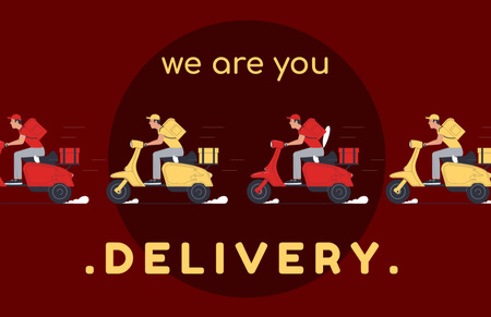 Plantilla de diseño de Mensajeros en scooters entregan pizza caliente rápidamente Business Card 85x55mm 
