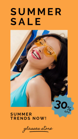 Summer Sale Ad with Woman in Stylish Sunglasses Instagram Story tervezősablon