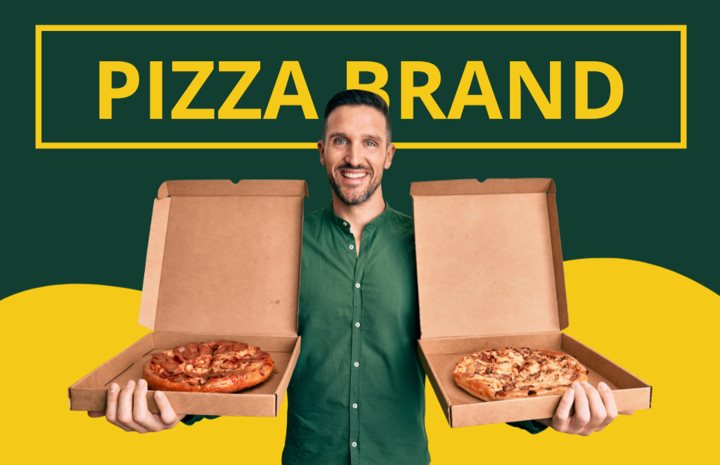 Plantilla de diseño de Young Man Offering Delicious Pizza in Boxes Business Card 85x55mm 
