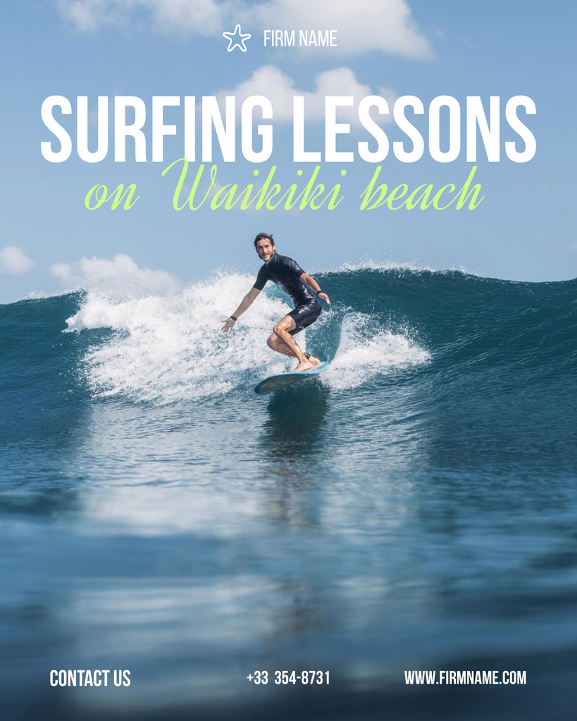 Surfing Lessons Ad with Guy on Surfboard Poster 16x20in – шаблон для дизайну