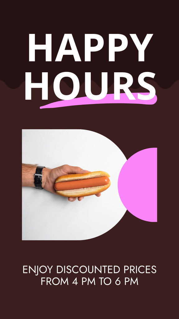 Happy Hours Ad with Hot Dog in Hand Instagram Story Πρότυπο σχεδίασης
