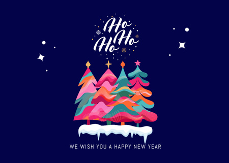 Christmas and New Year Wishes with Colorful Trees Postcard 5x7in Design Template