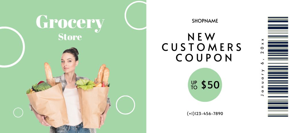 Designvorlage Grocery Store Ad with Woman Holding Paper Bags of Food für Coupon 3.75x8.25in