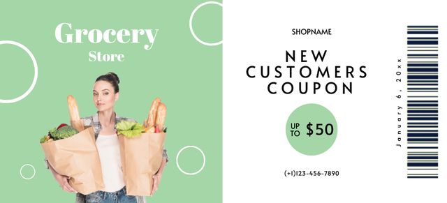 Grocery Store Ad with Woman Holding Paper Bags of Food Coupon 3.75x8.25inデザインテンプレート