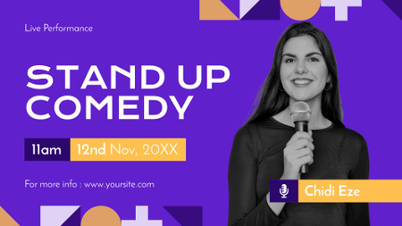 Modèle de visuel Promo de spectacle d'humour stand-up en violet avec une jeune femme interprète - FB event cover
