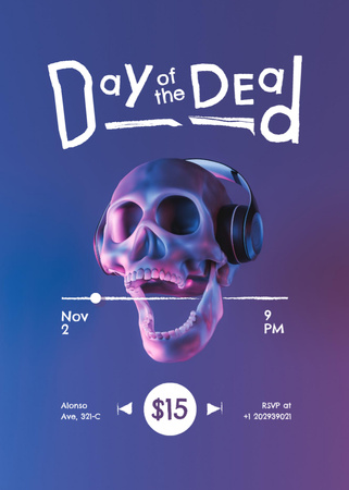 Day of the Dead Announcement with Skull in Headphones Invitation Design Template