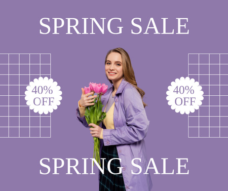 Spring Sale with Young Woman with Tulips in Purple Facebook Design Template
