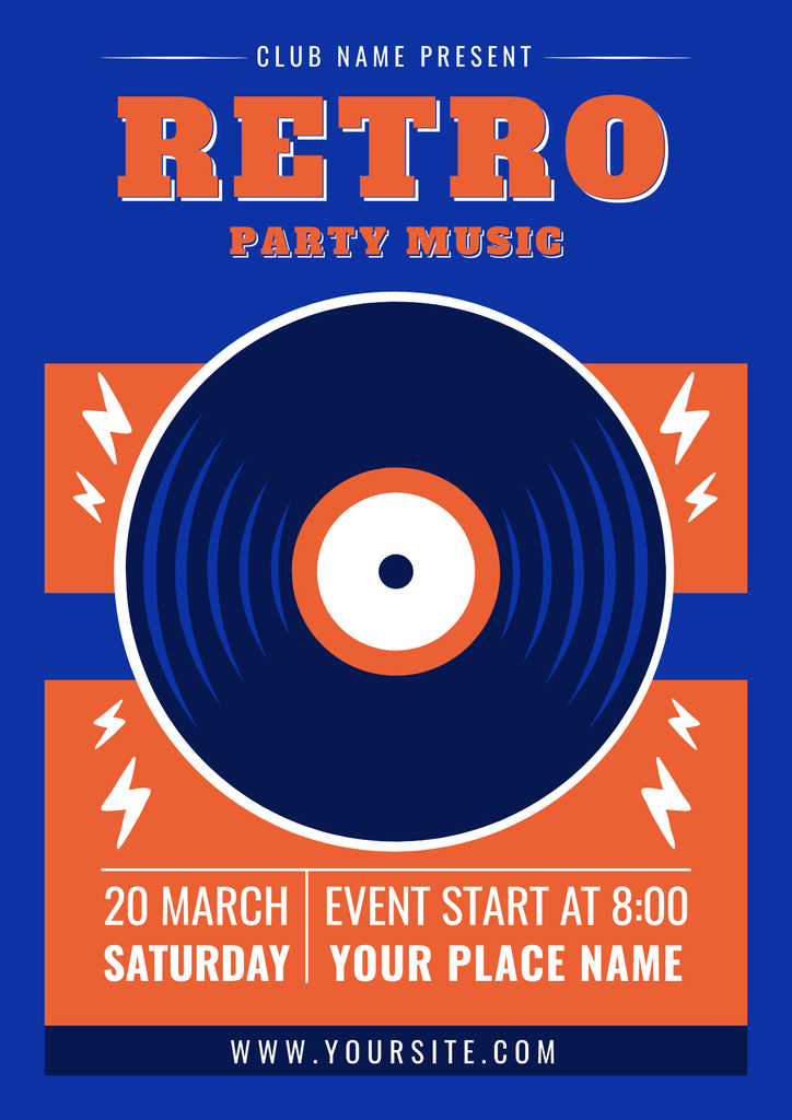 Retro Music Party Announcement on Blue Poster – шаблон для дизайна