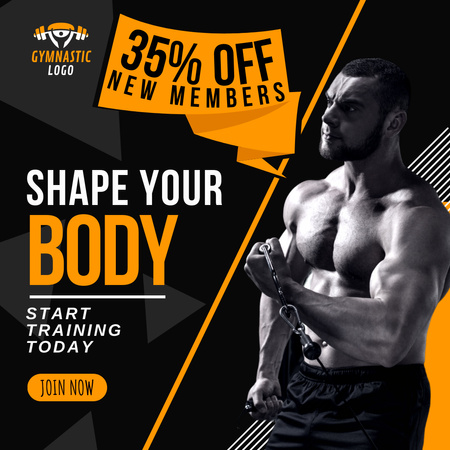 Designvorlage Fitnessstudio-Werbung mit starkem muskulösen Mann für Instagram