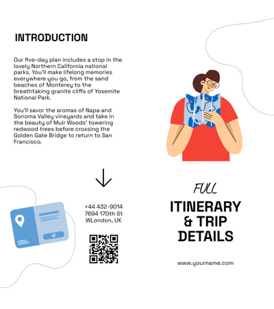 Template di design Dettagli dell'itinerario e del viaggio con la mappa della holding della donna Brochure 9x8in Bi-fold