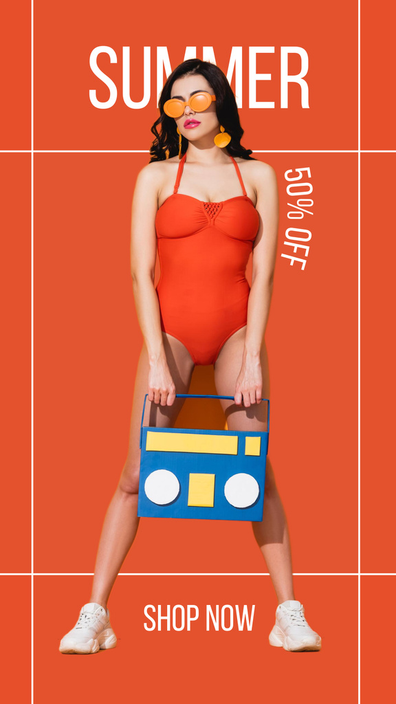 Designvorlage New Summer Collection of Women's Swimwear on Orange für Instagram Story