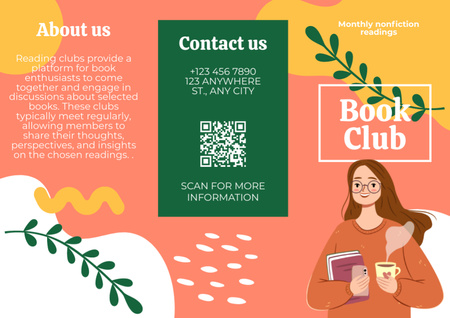 Ontwerpsjabloon van Brochure van Boekenclubadvertentie met meisje dat boeken en koffie vasthoudt