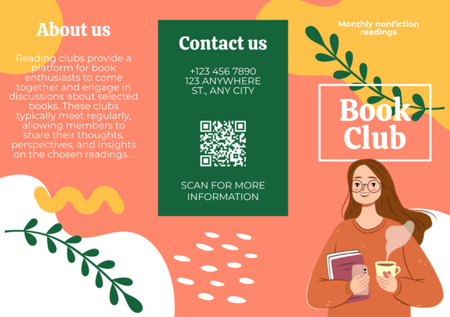 Ontwerpsjabloon van Brochure van Book Club Ad with Girl holding Books and Coffee