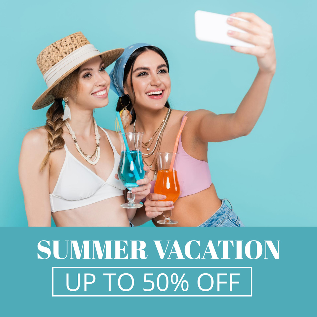 Designvorlage Summer Vacation Discount with Happy Women für Instagram