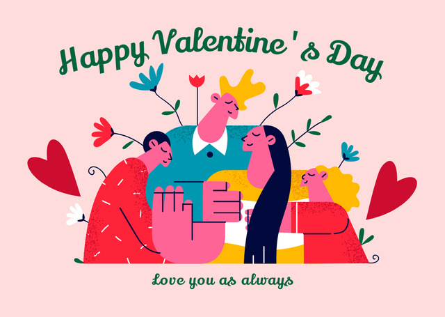 Happy Valentine's Day Greetings with Happy Family and Cute Children Card Design Template