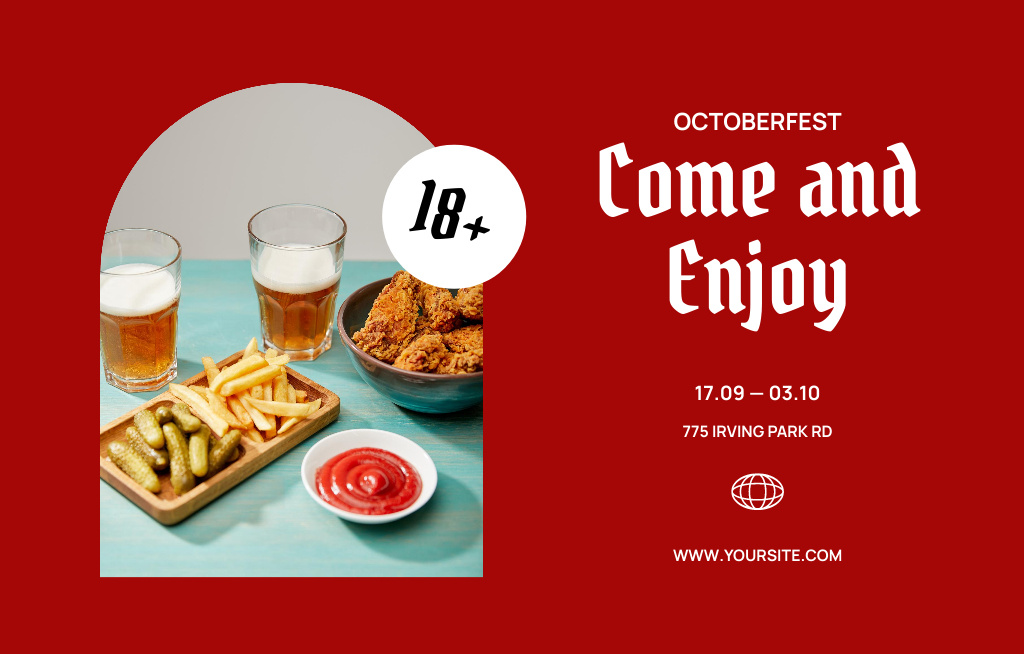 Oktoberfest Celebration Announcement With Snacks And Beer on Table Invitation 4.6x7.2in Horizontal Modelo de Design
