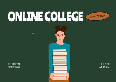 Designvorlage Ankündigung einer Online-College-Bewerbung mit Girl with Books für Flyer A6 Horizontal