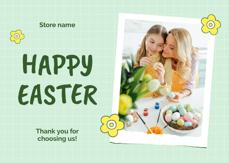 Thank You Message with Child and Mother Painting Easter Eggs Card Design Template