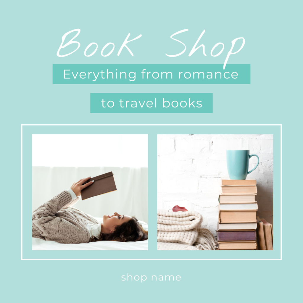Plantilla de diseño de Bookshop Promotion With Drink And A Bunch Of Books Instagram 