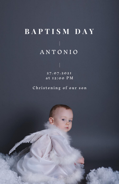 Platilla de diseño Infant Baptism Announcement With Newborn In Feather Costume Invitation 5.5x8.5in