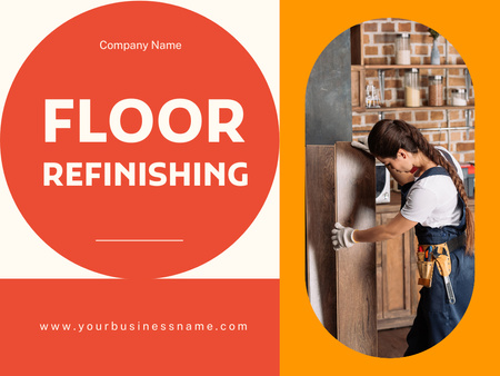 Ad of Floor Refinishing Services with Woman Repairman Presentation Design Template