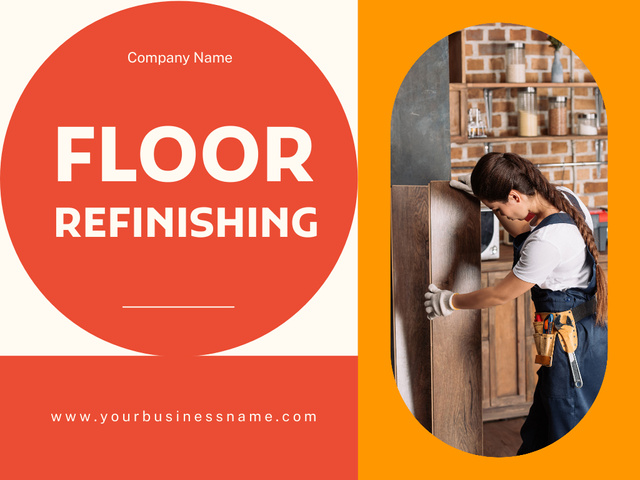 Ad of Floor Refinishing Services with Woman Repairman Presentation tervezősablon