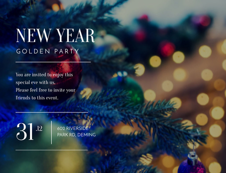 Template di design New Year Party With Bokeh And Tree Invitation 13.9x10.7cm Horizontal