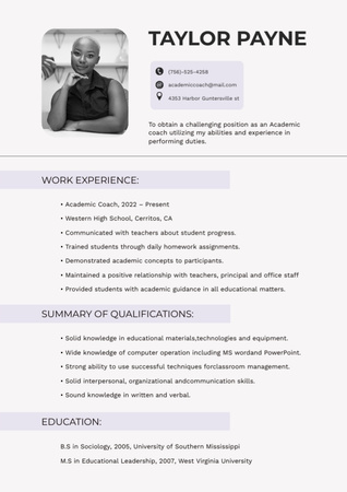 Academic Coach Skills and Experience Resume Design Template