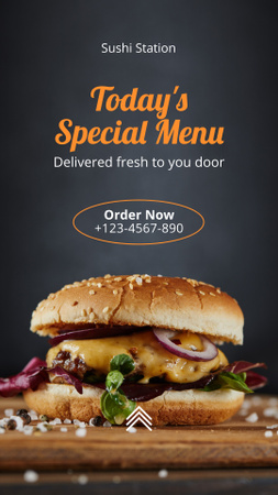 Designvorlage Fast-Food-Spezialmenü mit leckerem Burger für Instagram Video Story