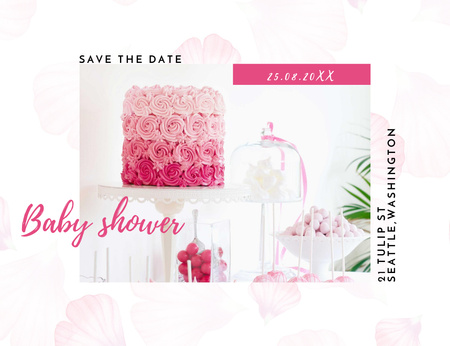 Designvorlage Baby-Dusche-Mitteilung mit rosa Kuchen für Invitation 13.9x10.7cm Horizontal