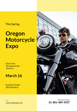 Motorcycle Exhibition with Handsome Man on Black Motorcycle Poster 28x40inデザインテンプレート