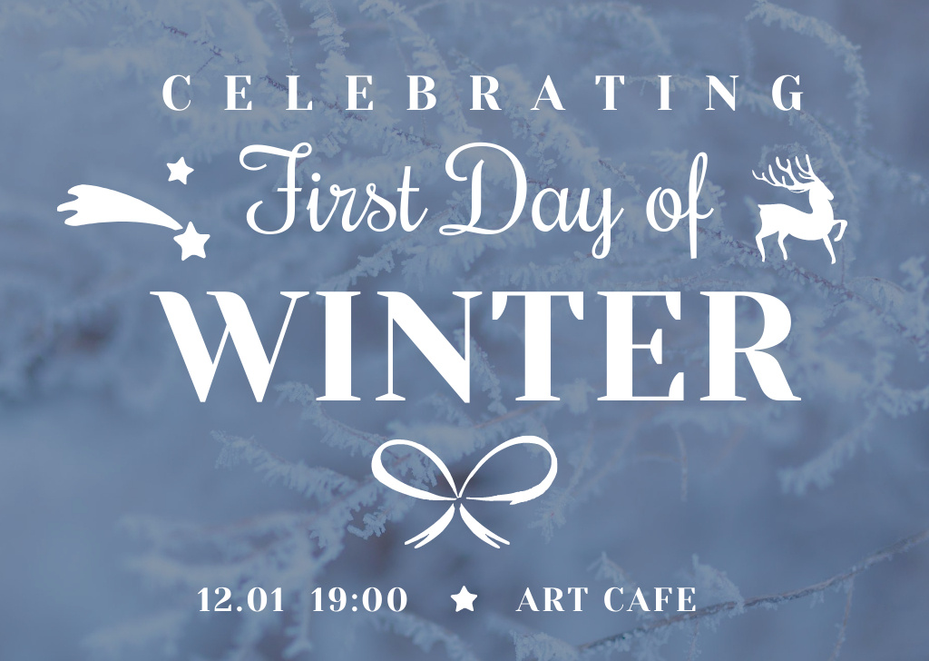 Template di design First day of winter with frozen fir tree branch Card