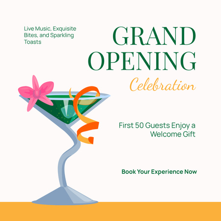 Modèle de visuel Célébration d'ouverture officielle avec cocktail et cadeau exquis - Instagram AD
