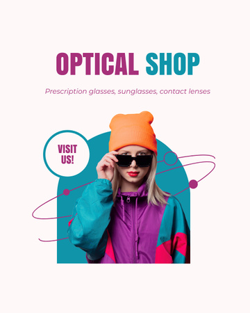 Реклама оптичного магазину з молодою дівчиною в яскравому одязі Instagram Post Vertical – шаблон для дизайну