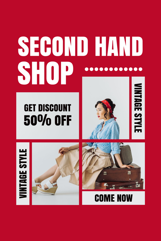 Retro woman on red second hand Pinterest Design Template