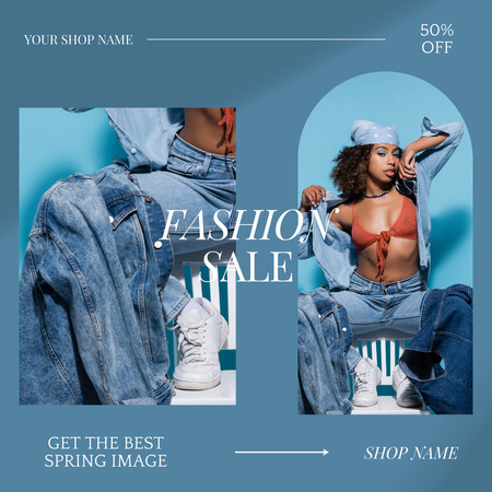Modèle de visuel Spring Sale with African American Woman in Denim - Animated Post