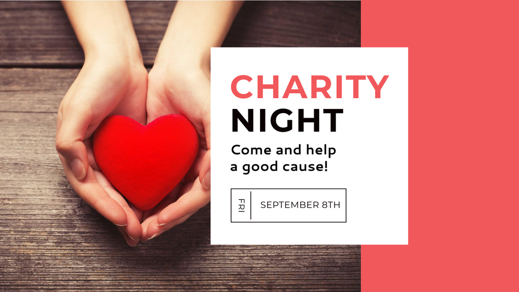 Charity Night Announcement with Red Heart in Hands FB event coverデザインテンプレート