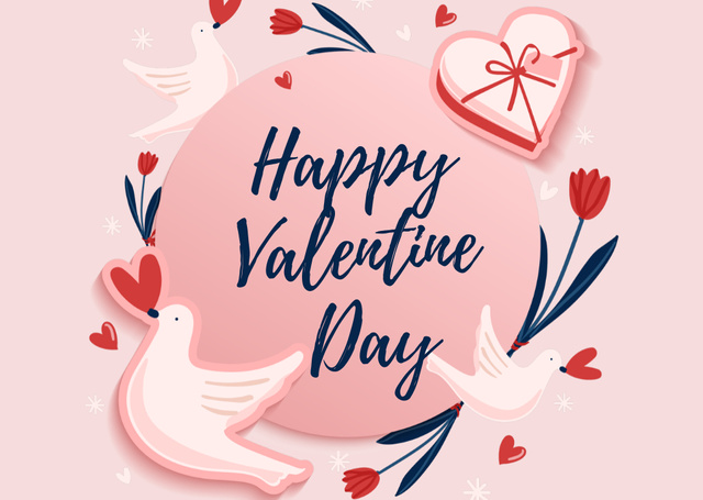 Happy Valentine's Day greeting with Cute Doves Card Design Template