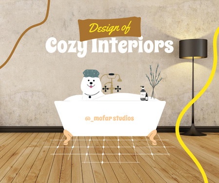 Cozy Interiors Ad with Funny Dog in Bathroom Facebook tervezősablon