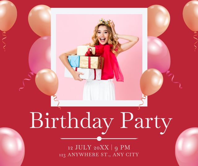 Young Woman Birthday Party Announcement on Red Facebook Design Template
