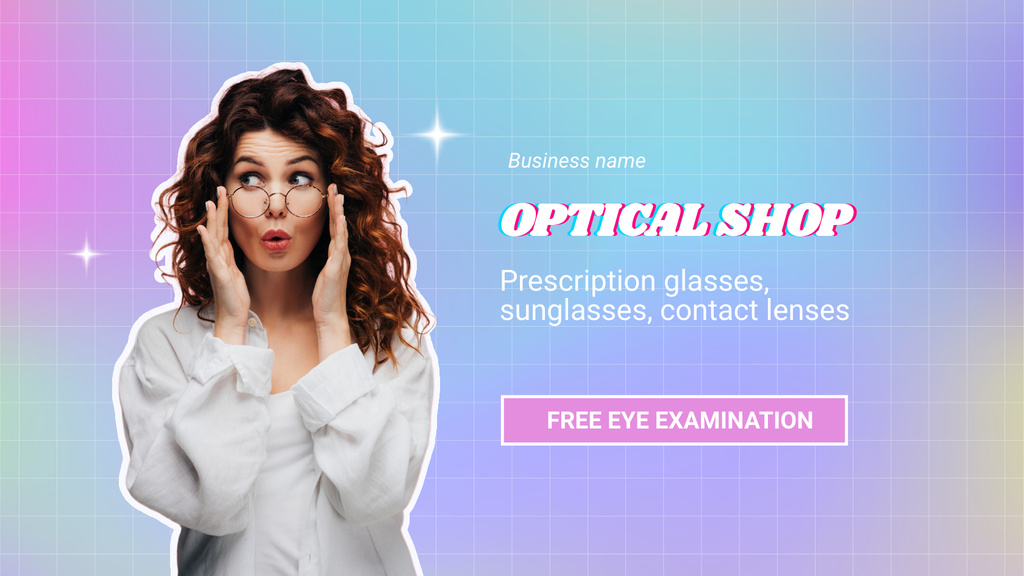 Optics Shop Promo with Surprised Beautiful Woman Title 1680x945pxデザインテンプレート