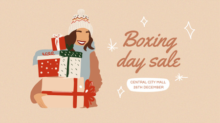 Winter Sale Announcement with Girl holding Gifts FB event cover Modelo de Design