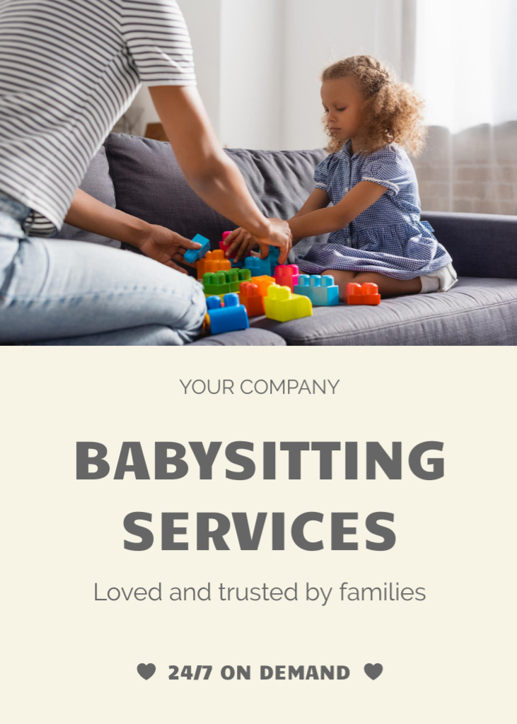 Ontwerpsjabloon van Flayer van Babysitting Services Offer with Girl playing Toys