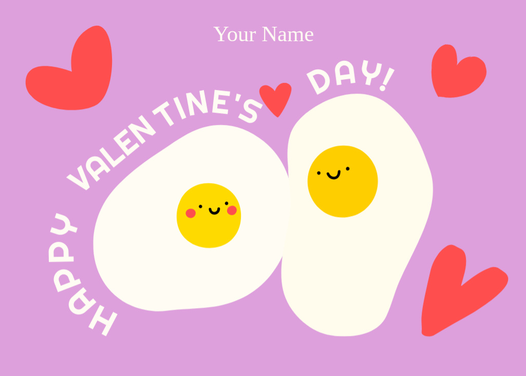 Designvorlage Valentine's Day Greeting with Cartoon Eggs on Purple für Postcard 5x7in